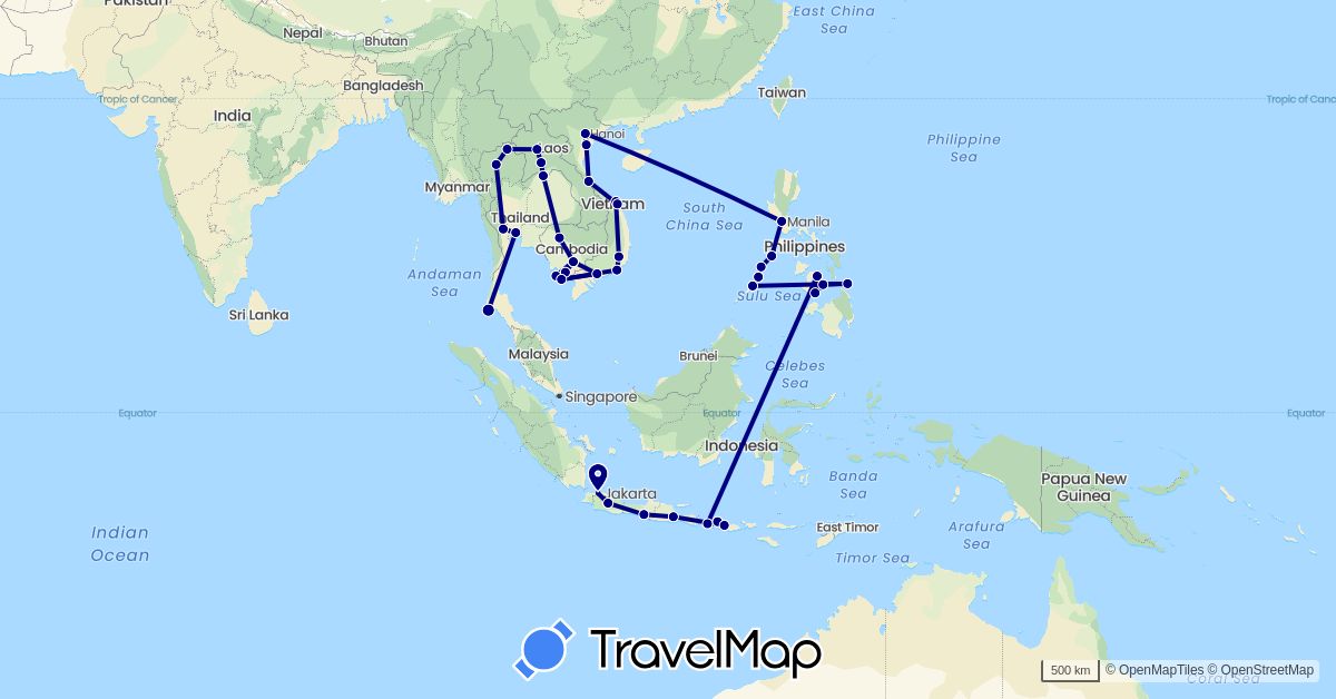 TravelMap itinerary: driving in Indonesia, Cambodia, Laos, Philippines, Thailand, Vietnam (Asia)